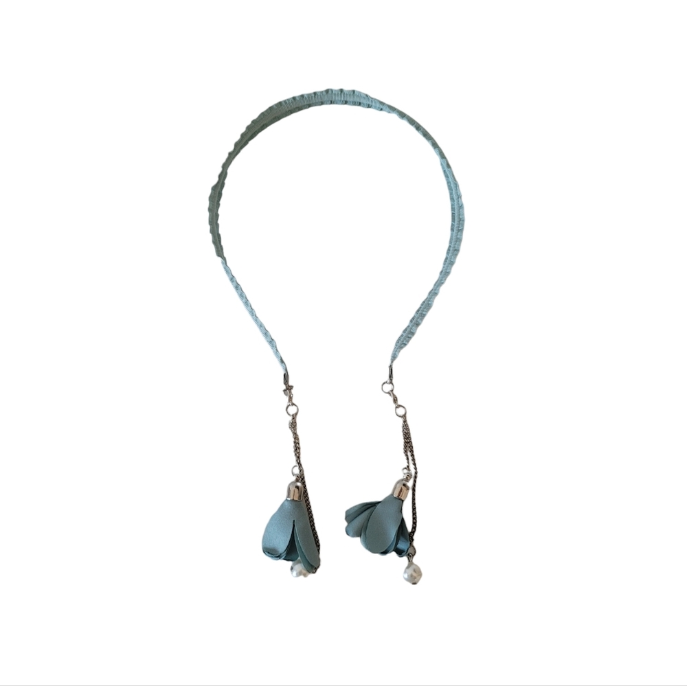 Korean Accessory - Floral & Faux Pearl Beaded Blue Long Bow Tie Headband